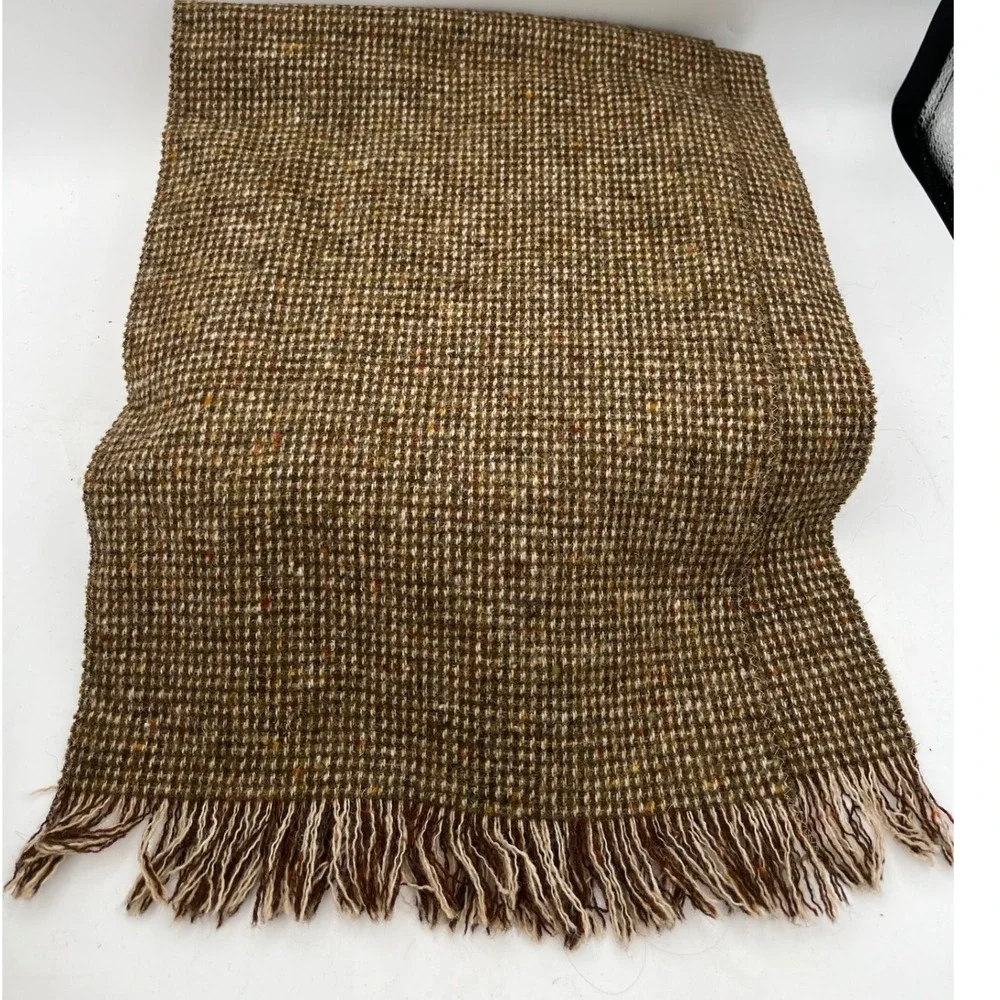 Magee Tweed Scarf Handwoven Donegal Ireland Green Brown Wool Fringed K Boyle